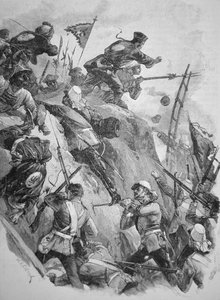 Britische Truppen stürmen die Taku-Forts in China im Jahr 1860 während der Opiumkriege von English School