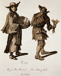 Kauft einen neuen Almanach! Feine Schreibfarbe!, Illustration von Straßenverkäufern um 1675 von English School