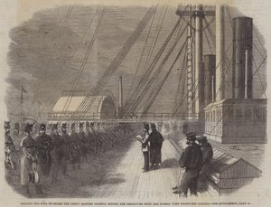 Appell auf der Great Eastern kurz vor ihrer Abfahrt aus dem Mersey mit Truppen nach Kanada (Gravur)