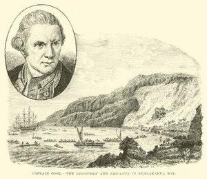 Captain Cook, die Discovery und Resolute in der Kealakekua-Bucht