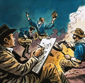 Kavallerist tanzt um ein Lagerfeuer mit Arthur Boyd Houghton, der skizziert