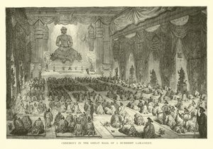 Zeremonie in der großen Halle eines buddhistischen Lamassery von English School