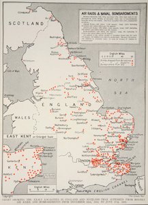 Karte, die die genauen Orte in England und Schottland zeigt, die von feindlichen Luftangriffen und Bombardierungen vom 16. Dezember 1914 bis zum 17. Juni 1918 betroffen waren, 1918-19 von English School