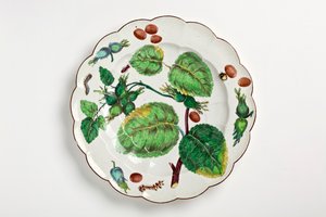 Chelsea Teller dekoriert mit botanischer Illustration von Nüssen, Insekten und Blättern, 1755