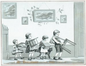 Kinder tragen Stuhl und Hocker, Weihnachtskarte von English School