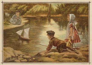 Kinder lassen ein Modellsegelboot zu Wasser
