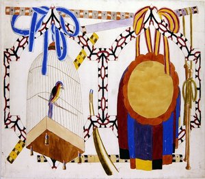 Chinoiserie-Design mit Vogelkäfig und Musikinstrumenten