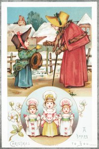 Weihnachtsgrüße und Mädchen singen, Weihnachtskarte