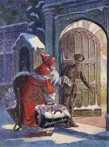 Weihnachtswerbung zeigt den Weihnachtsmann, der Geschenke für Soldaten des Ersten Weltkriegs von Dickins und Jones Kaufhaus bringt von English School