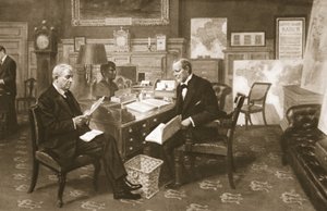 Churchill und Fisher bei der Arbeit: der Erste Lord in seinem Zimmer im Admiralität mit dem Ersten Seelord, aus The Illustrated War News, 1915 von English School