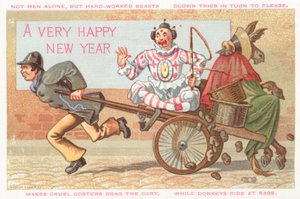 Clown und Esel werden im Wagen gezogen, Neujahrskarte