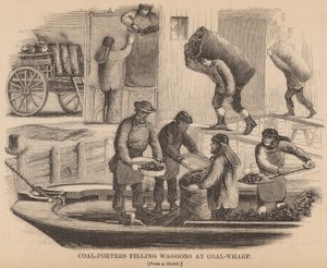 Kohlenarbeiter füllen Waggons am Kohlenlager