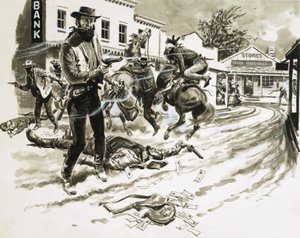 Cole Younger, ein Mitglied der Jesse-James-Bande, in einer Schießerei von English School