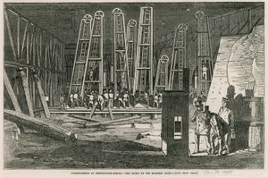 Beginn der Westminster-Brücke, die Arbeiten bei elektrischem Licht