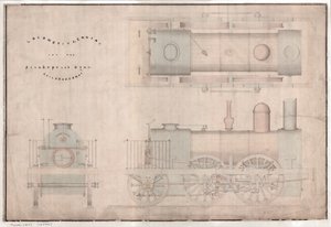 Konstruktionszeichnung, 0-4-2 Lokomotive und Tender von R. und W. Hawthorn and Co. für die Stanhope and Tyne Railway Co