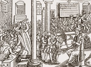 Zeitgenössischer Holzschnitt einer Tudor-Grundschule von English School