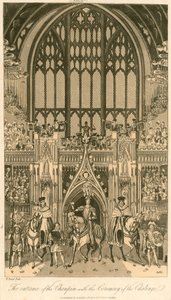 Krönungsbankett von König Georg IV. in der Westminster Hall, 17. Juli 1821; Der Eintritt des Champions mit der Zeremonie der Herausforderung