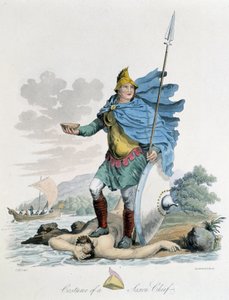 Kostüm eines sächsischen Anführers - in „Celts and Goths, customs of the inhabitants of the British Isles of the early 6th century and the Goth nations of the west coast of the Baltic“, von S.R. Meyrick und Ch. Smith von English School