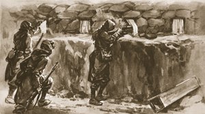 Fenstervorhänge als Schießschartenabdeckungen: Ein französischer Trick, um den Feindschützen zu täuschen, aus The Illustrated War News, 1915