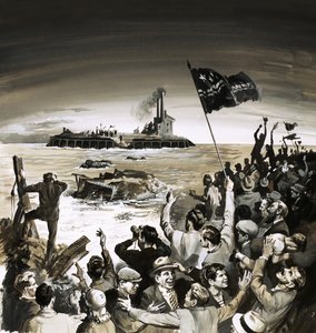 Menschenmengen jubeln und schwenken Fahnen am Ozean zu einer anderen Gruppe von Fahnenwinker von English School