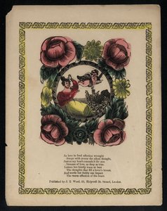 Amor und Frau in einem von Blumen umgebenen Garten, Liebesgedicht von English School
