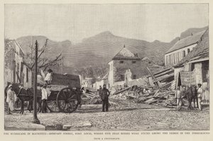Schäden in der Rempart Street, Port Louis, verursacht durch den Mauritius-Zyklon von 1892 (Lithografie)