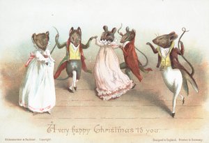 Tanzende Mäuse in Kleidung, Weihnachtskarte