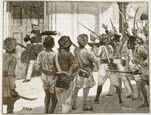 De Kantzow verteidigt das Schatzamt in Mynpooree, Illustration aus Cassells Illustrated History of England von English School