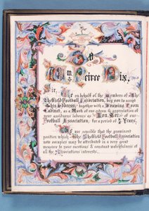 Widmung aus einer Ansprache, die von der Sheffield Football Association an William Pierce-Dix anlässlich seines Ruhestands als Sekretär überreicht wurde, 1882 (Tinte auf Papier)