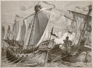 Niederlage der französischen Flotte im Ärmelkanal, Illustration aus Cassells Illustrierter Geschichte Englands von English School