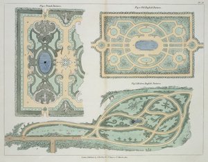 Entwürfe für französische, altenglische und moderne englische Parterres, aus Hinweise zur Gestaltung von Gärten und Lustgärten von John Claudius Loudon (1783-1843) veröffentlicht 1812