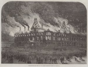 Zerstörung durch Feuer im Queen Railway Hotel in Chester (Stich)