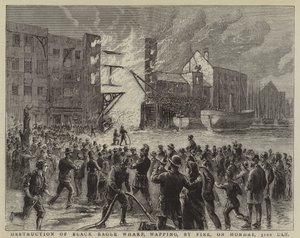 Zerstörung des Black Eagle Wharf, Wapping, durch Feuer am Montag, den 31. ult