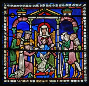 Detail eines der Bibelfenster, das die Anbetung der Magier und der Hirten zeigt (Detail)