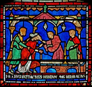 Detail aus dem Wunderfenster, das die Geschichte von Juliana von Rochester darstellt von English School