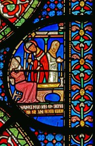 Detail aus dem Wunderfenster, das die Heilung der Töchter von Godbold von Boxley darstellt von English School