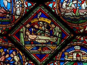 Detail aus dem Ostfenster der Dreifaltigkeitskapelle mit der Grablegung