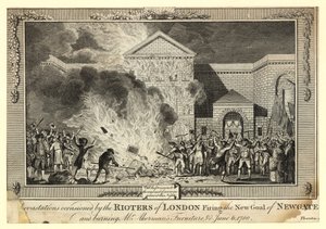 Verwüstungen durch die Aufständischen in London, Brand des neuen Gefängnisses von Newgate und Verbrennung von Mr. Akermans Möbeln, 6. Juni 1780 von English School