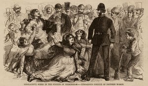 Schändliche Szene in den Straßen von Birmingham, tumultartiges Verhalten betrunkener Frauen (Gravur) von English School