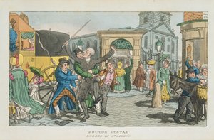 Doktor Syntax wird in St. Giles ausgeraubt, aus The Tour of Doctor Syntax through London, or the Pleasures and Miseries of the Metropolis. Ein Gedicht, veröffentlicht 1820