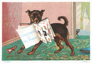 Hund mit Buch im Maul, Weihnachtskarte
