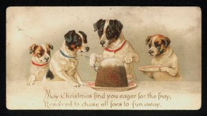 Hunde servieren einen Weihnachtskuchen, Grußkarte