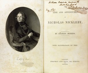 Doppelseite mit einem Porträt von Dickens und einer Widmung von Dickens an William Harrison Ainsworth