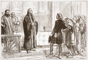 Dr. Haller verteilt das Abendmahl in der Berner Kathedrale, Illustration aus The History of Protestantism von James Aitken Wylie, veröffentlicht 1878 von English School