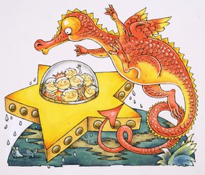 Drache umkreist sternförmiges Raumschiff von English School