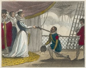 Drake wird an Bord seines Schiffes zum Ritter geschlagen (kolorierter Stich)