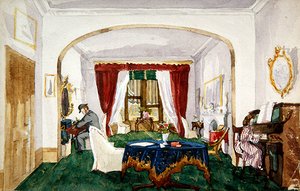 Saloninterieur, Frau am Klavier, Mann mit Melone beim Schreiben, ca. 1850