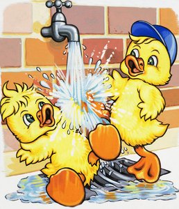 Entenküken entdecken, wie man einen Wasserhahn benutzt