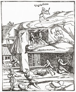 Frühe Darstellung der Wünschelrute, zeigt eine Figur mit einer Wünschelrute über der Erde, die nach Wasser, Kohle oder Gold sucht, und die Bergleute unter der Erde, die nach Kohle suchen (aus The Strand Magazine, veröffentlicht 1897) von English School