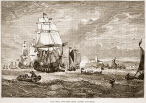 Schiffe der East India Company verlassen Woolwich, Illustration aus Cassells Illustrierter Geschichte Indiens von James Grant, veröffentlicht 1879